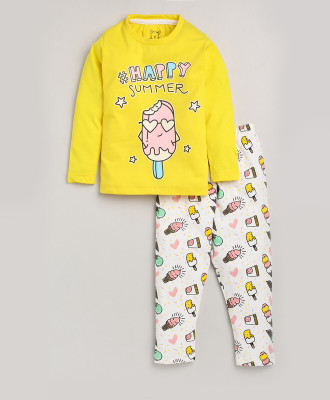 Yk Girls Printed Yellow Night Suit Set