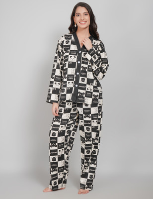 Lugo Women Printed Beige, Black Night Suit Set