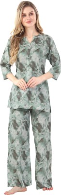 Playloungewear Women Printed Green, Brown Top & Pyjama Set
