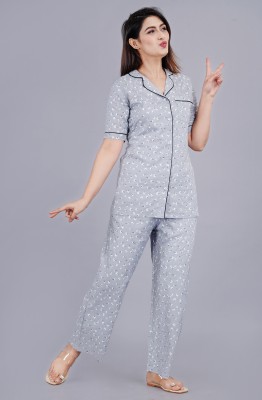 PRADHRUHE Women Printed Grey Shirt & Pyjama set