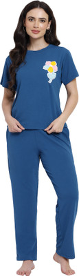 Bombshell Women Solid Blue Top & Pyjama Set