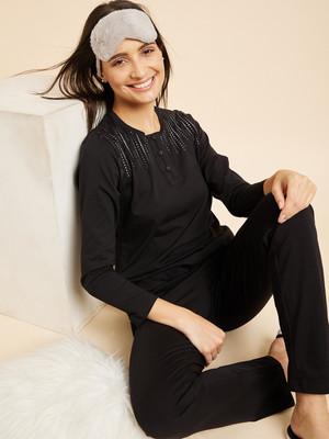 SWEET DREAMS Women Embellished Black Top & Pyjama Set