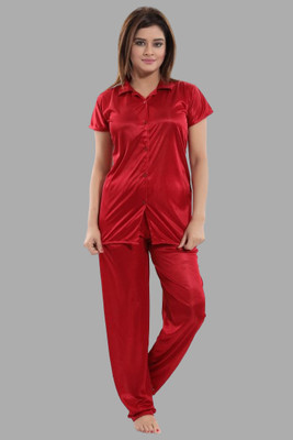 Glam World Women Solid Red Shirt & Pyjama set