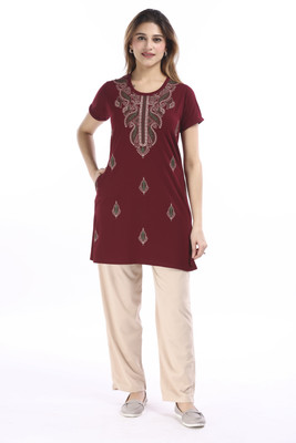 E-MAX Women Self Design Multicolor, Beige Top & Pyjama Set