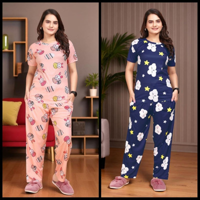 FASHION GREAB Women Printed Pink Top & Pyjama Set
