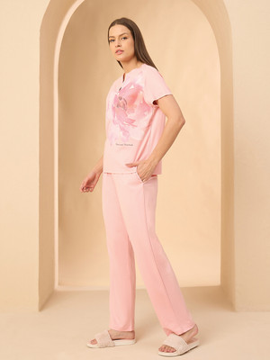 SWEET DREAMS Women Printed Pink Top & Pyjama Set