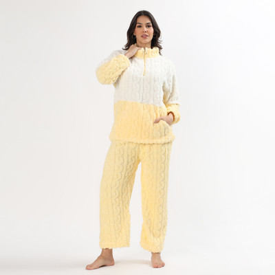 PQN PARTY QUEEN Women Self Design White, Yellow Night Suit Set