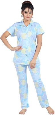 Qunity Women Printed Light Blue Night Suit Set