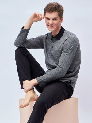 SWEET DREAMS Men Geometric Print Black Top & Pyjama Set