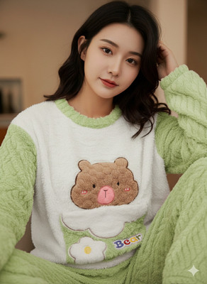 QUINTESSENTIALS Women Self Design Green Night Suit Set