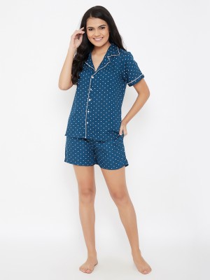 Clovia Women Polka Print Blue Top & Shorts Set