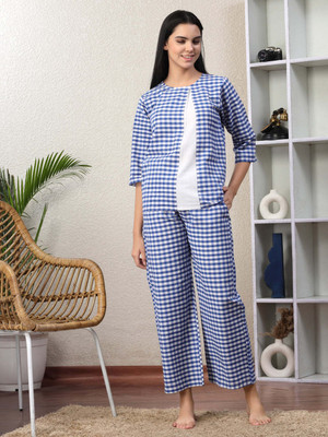 NEUDIS Women Checkered Blue Night Suit Set