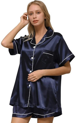 Vd hub Women Solid Dark Blue Night Suit Set