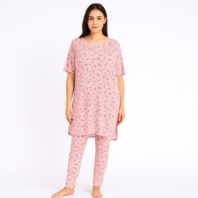 KLS Women Printed Pink Night Suit Set