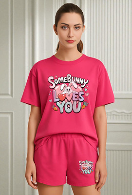 Elvia Women Printed Red Top & Shorts Set