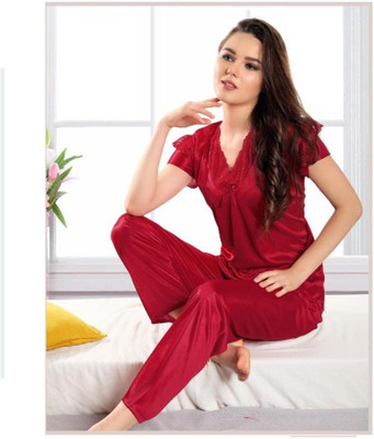 KV2 Women Self Design Red Top & Pyjama Set