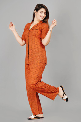 MintMarie Women Geometric Print Orange Night Suit Set