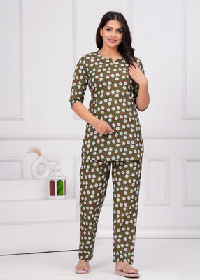 EPSAA Women Floral Print Green Night Suit Set