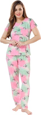 NIGHTVIEW Women Printed Pink Top & Pyjama Set