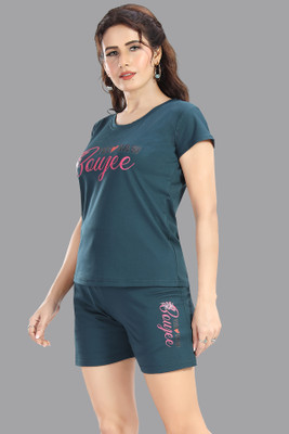 Be You Women Printed Blue Top & Shorts Set