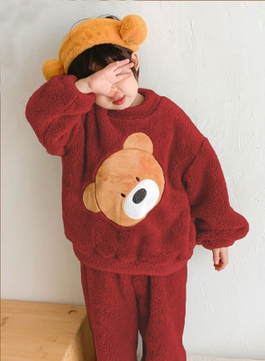 Lugo Boys & Girls Self Design Maroon Night Suit Set