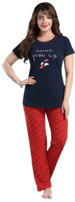 ALPHAFOX Girls Solid Blue, Red Top & Pyjama Set