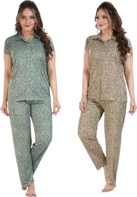 Fabrinza Women Printed Green, Beige Night Suit Set