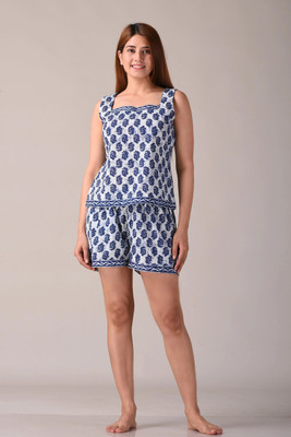Kannahi Women Floral Print Blue Top & Shorts Set