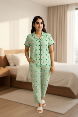 Artful Women Floral Print Light Green Night Suit Set