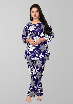Biyoko Women Printed Dark Blue Top & Pyjama Set