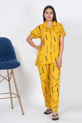amira Women Striped Yellow Shirt & Pyjama set