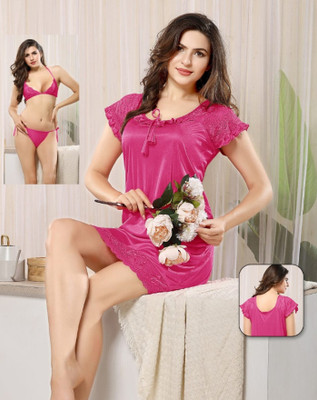 CRAFTWELL Women Solid Pink Night Suit Set