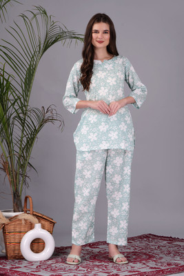 AARK Women Printed Light Blue Top & Pyjama Set