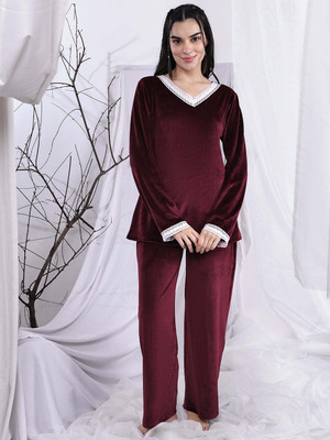 ETC Women Solid Maroon Night Suit Set