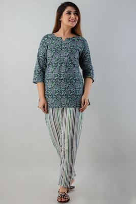 oceanabode Women Printed Blue Top & Pyjama Set