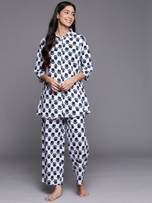 LIBAS Women Printed White, Blue Top & Pyjama Set