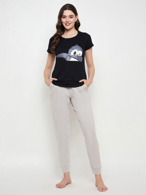 Clovia Women Printed, Self Design Black Top & Pyjama Set