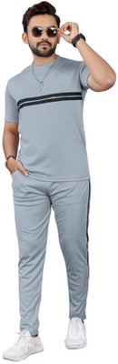 NISPRUH Men Solid Grey Night Suit Set