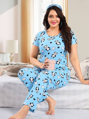 Mishko Women Printed Light Blue Top & Pyjama Set