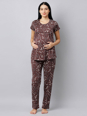 DZZO Women Printed Brown Top & Pyjama Set