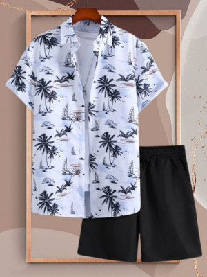 Varni Creation Men Abstract White Night Suit Set