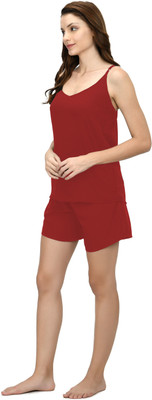 ShopGlobal Women Self Design Maroon Night Suit Set