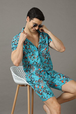 Bushirt Men Printed Dark Blue Night Suit Set