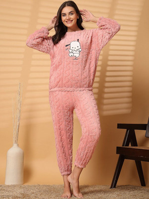 Harsiizone Women Embroidered Pink Top & Pyjama Set