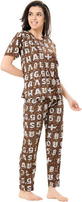 GTplush Women Printed Brown Night Suit Set