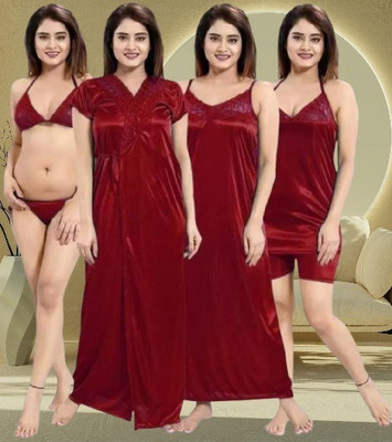 Divine Paridhaan Women Solid Maroon Night Suit Set