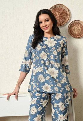 Soor Panchi Women Embellished Light Blue, Beige Night Suit Set
