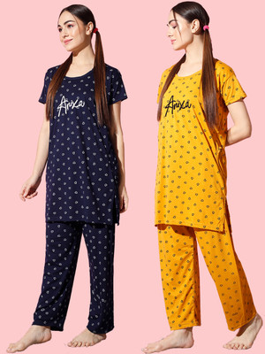 SwellSwag Women Printed Yellow Night Suit Set