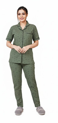 ASTRAX Women Geometric Print Green Top & Pyjama Set