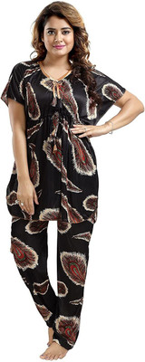 PINK HUB Women Printed Black Top & Pyjama Set